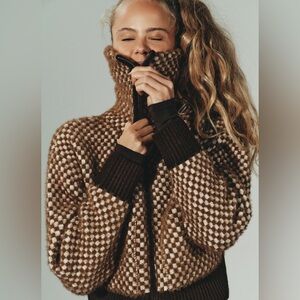 NWT Zara faux fur combination checkered knit bomber jacket sweater sz s small